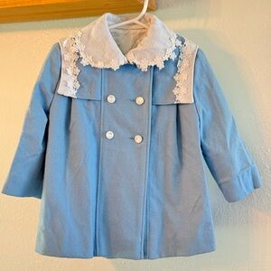 100% Merino Wool VINTAGE F.W. Fischer Ellerie Fashions Blue Lace-Trim Girls Coat